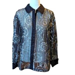 Bob Mackie black sheer witchy whimsigoth oversized silver sequins shirt sz M